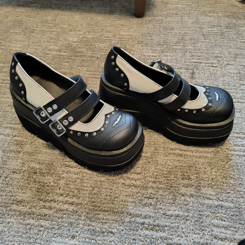 Demonia Women’s Black & White Mary Jane Platform Shoes - Picture 3 of 6